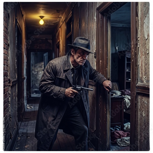 Vintage Detective in Dark Wooden Corridor with Gun.