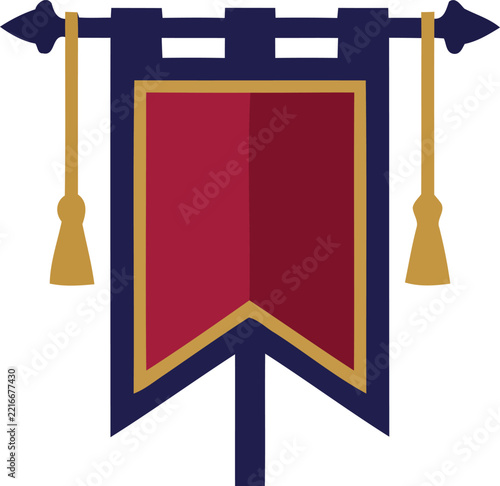 Banner Design with Red Central Panel, Gold Tassels, and Dark Blue Borders Featuring Flag, Heraldry