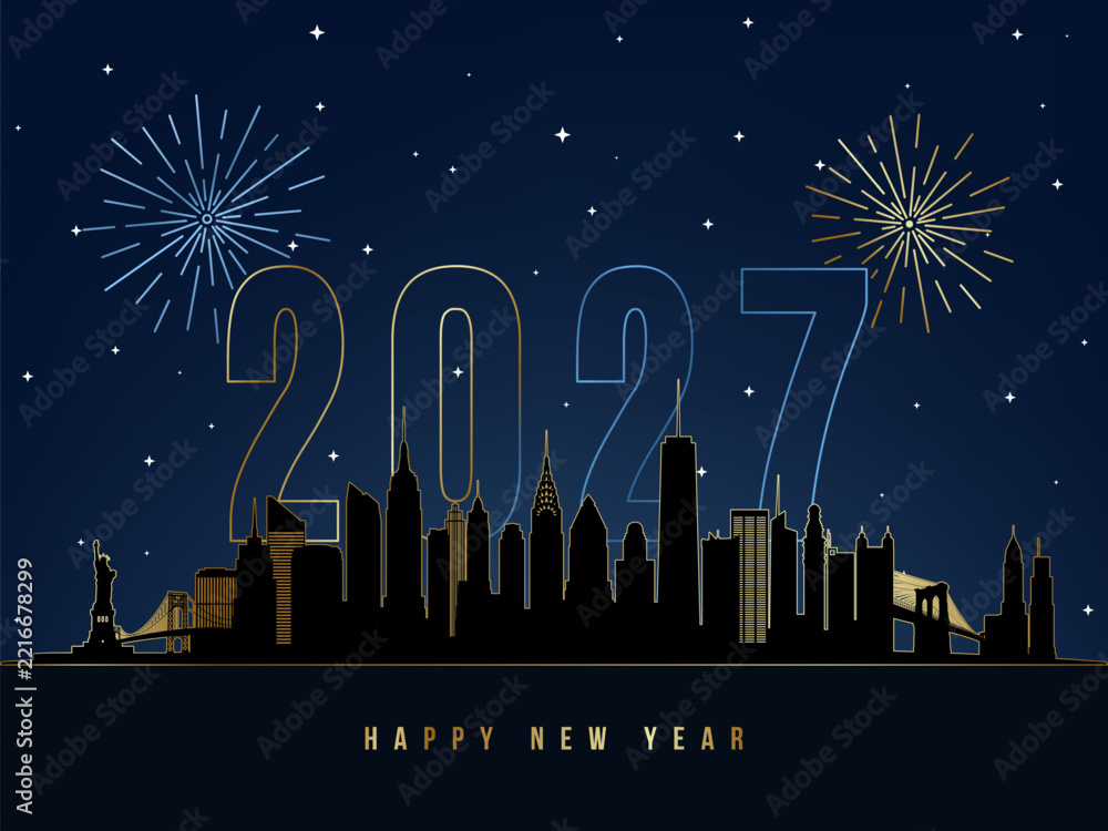 Fototapeta premium New York Happy New Year 2027 skyline with large outlined numbers, gold fireworks and stars. Night vector card.