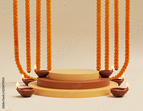 Diwali Decoration With Marigold Garlands And Lit Clay Diyas Framing Festive Display Podium