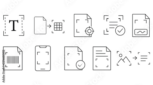 Digital document workflow and electronic paperwork line icon collection