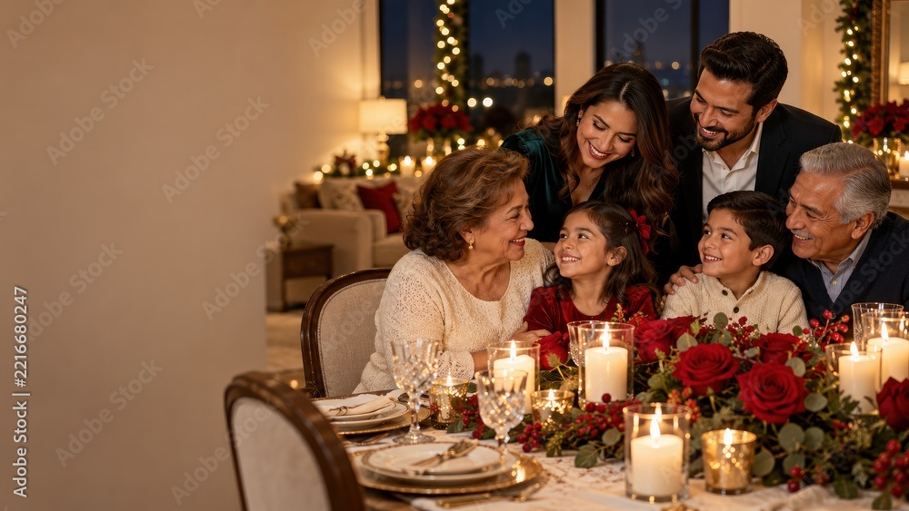 Fototapeta premium Multigenerational family celebrating Christmas dinner at home, festive gathering with copy space