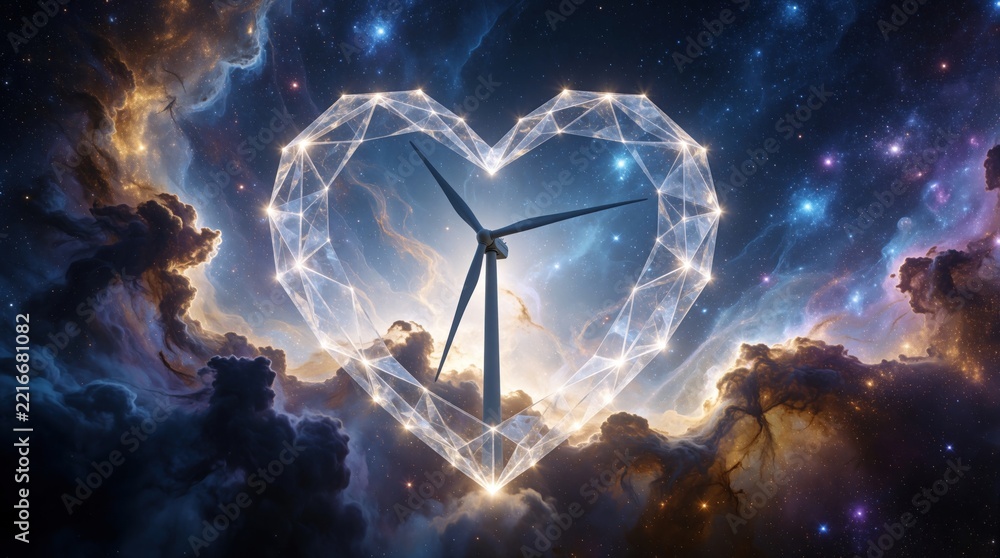 Fototapeta premium Wind turbine stands inside glowing geometric heart shape against cosmic nebula background. Sustainable renewable energy concept shows love for planet earth. Clean green tech symbol represents ecology