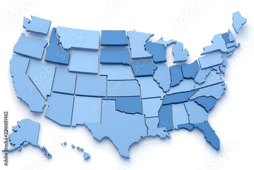 3D Map of the United States with States Highlighted in Blue Tones.