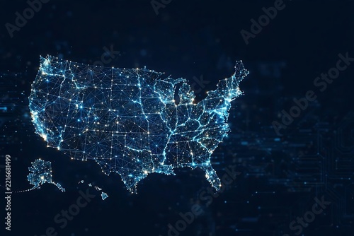 Illuminated Map of the United States at Night Showing City Lights and Connections.