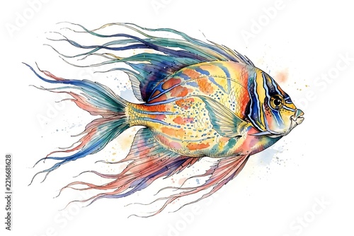Vibrant Watercolor Painting of a Tropical Fish with Flowing Fins.