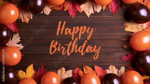 Happy birthday text surrounded by colorful autumn leaves and balloons on wooden background
