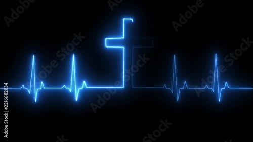 Abstract glowing neon heartbeat signal icon animation medical concept. blue neon cross with heartbeat line on dark background, symbolizing dedication in medical care. 