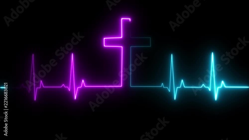 Abstract glowing neon heartbeat signal icon animation medical concept. blue neon cross with heartbeat line on dark background, symbolizing dedication in medical care. 