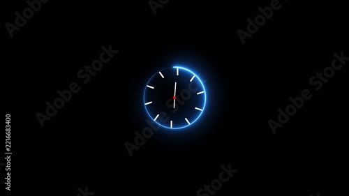 Glowing neon Clock animation. circle analog watch icon. Reverse clock animation showing time running. abstract analog clock animation background. 