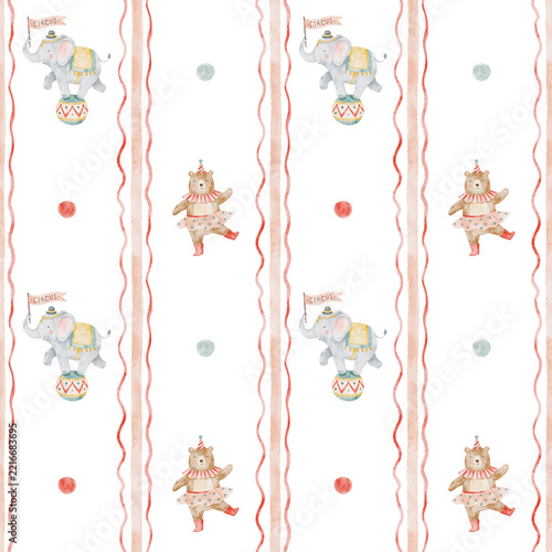 Watercolor circus seamless pattern. Cute bear and elephant play. Hand drawn stripes and dots.