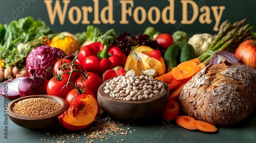 Healthy food composition with colorful vegetables, grains, fruit and bread, vibrant text World Food Day in background, overhead arrangement, crisp detail, sufficient lighting