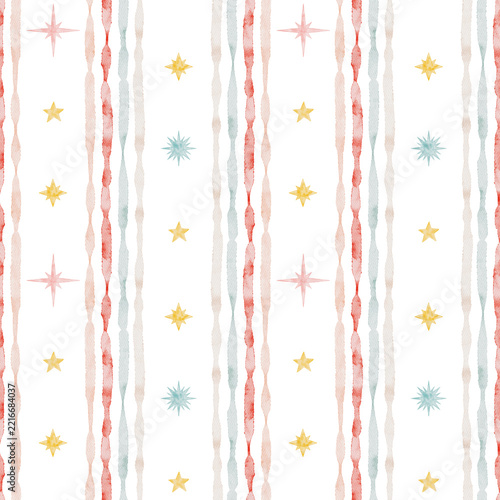 Cute seamless watercolor pattern. Hand drawn circus stars. Red pink stripes.