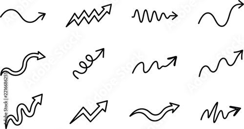 Set of handdrawn doodle arrows with various wavy, zigzag, and spiral patterns