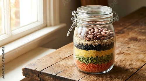 Glass jar filled with colorful raw beans and lentils on a rustic wooden table by a bright window. hermetic seal containers