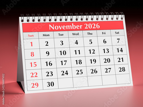 November 2026 calendar. One page of annual business desk monthly flip planner month