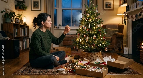 Pensive woman holding Christmas bauble ornament while decorating tree alone