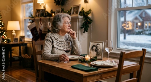 Senior woman sitting at festive dinner table holding wine glass and looking out window