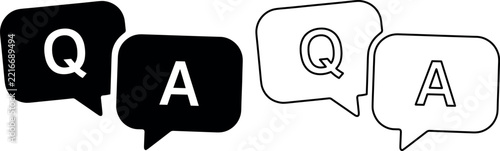 Minimalist black and white Q and A speech bubble icons for professional support and clear communication in bright studio lighting