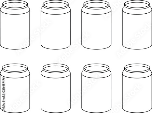 Minimalist line art illustration of eight blank aluminum soda cans arranged in rows on a clean white studio background.