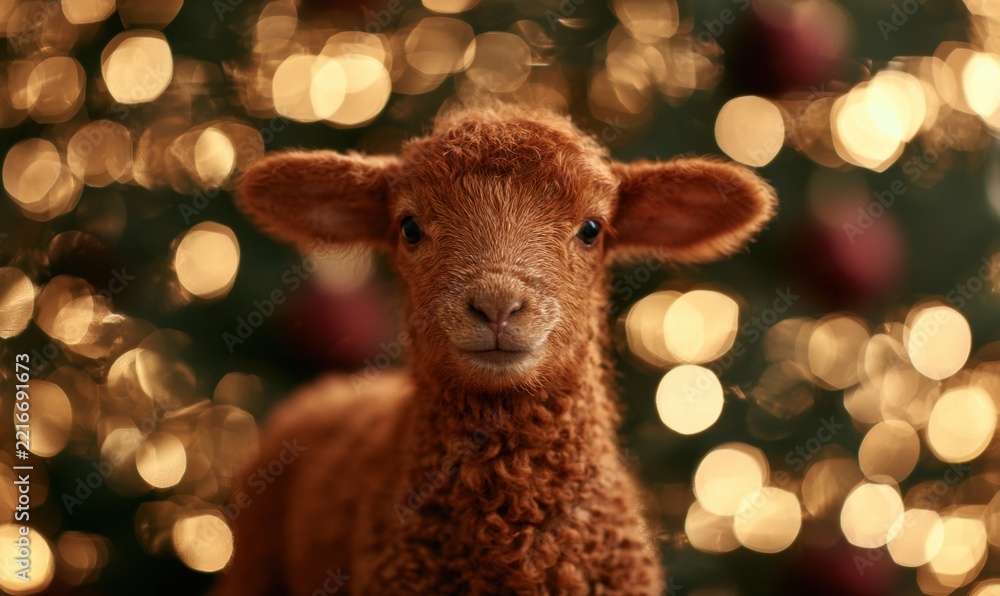 Fototapeta premium Adorable baby lamb in front of glowing Christmas lights