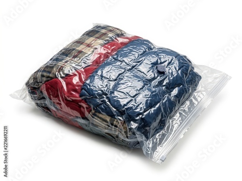 Packaged Winter Clothing in Transparent Vacuum-Sealed Bag for Storage and Organization