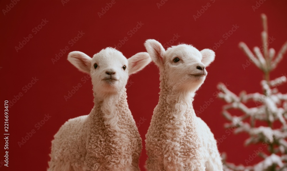 Fototapeta premium Two baby sheep pose near a snowy pine, set against a rich red backdrop