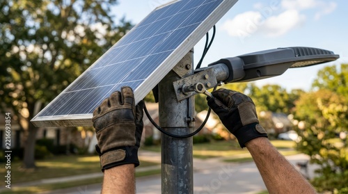 Hands Adjusting Solar Street Light During Daytime in Residential Neighborhood