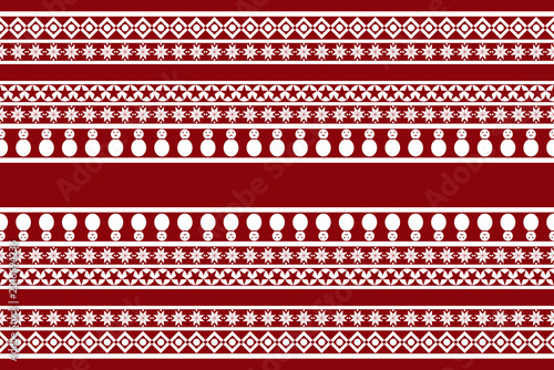 Christmas Seamless Pattern with Snowman and Snowflake Ornaments on Red Background