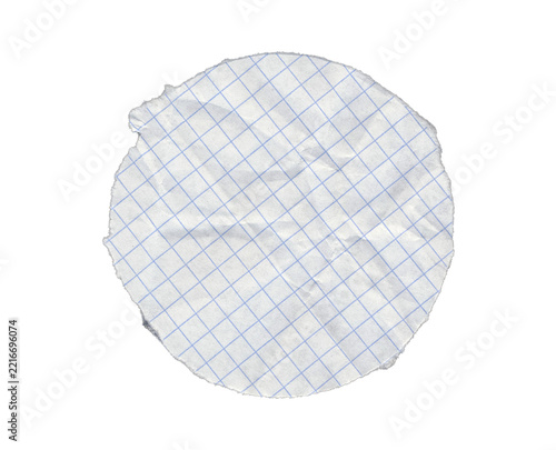 Circular piece of graph notebook paper with diagonal blue grid lines, intersecting surface creases and a ragged outline with an upper left notch on transparent background