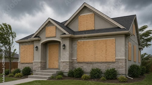 A house with its doors and windows boarded up to protect it from a tornado or storm.
