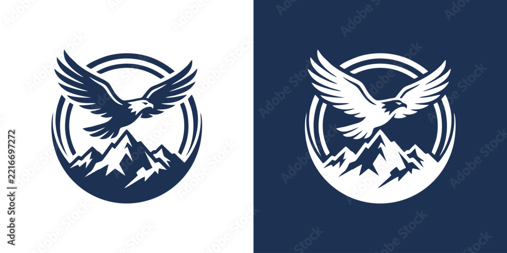 Fototapeta premium Dynamic vector logo featuring a majestic eagle soaring gracefully above rugged mountain peaks, symbolizing freedom, strength, and the inherent spirit of adventure