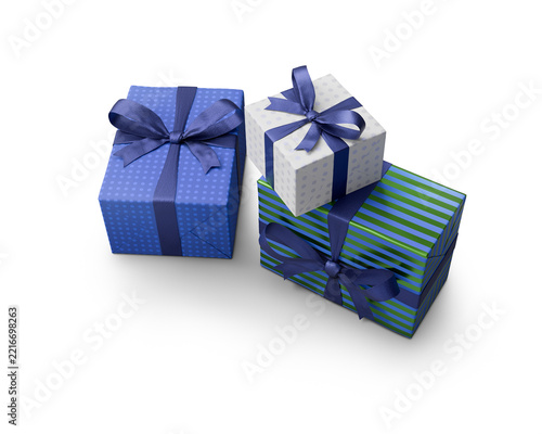 A group of three stacked presents from above wrapped up in blue, white and green metallic birthday and Christmas wrapping paper isolated against a transparent background	