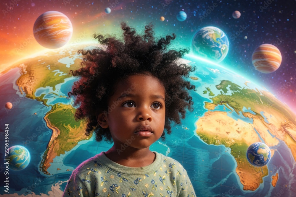 Fototapeta premium Small black child looks up with wonder. African boy stands in front of colorful world map, planets. Space background with globe, cosmic elements for Earth Day concept. Young kid explores universe,