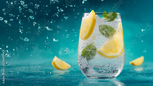 A glass of sparkling water with lemon wedges and mint sprigs, bubbles rising to the surface