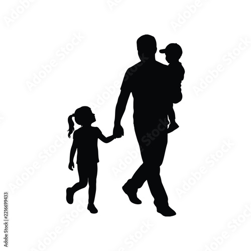 Father walking with two kids back view silhouette vector
