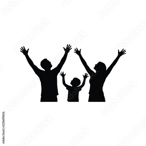 Happy family with hands raised flat vector illustration