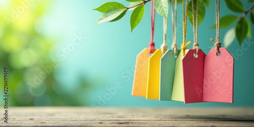 Colorful tags hanging from a branch on a rustic wooden surface against a blurred green background