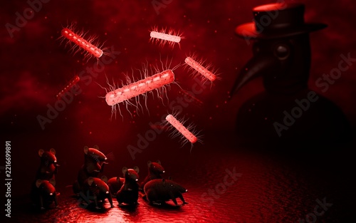 Yersinia Pestis Bacteria with Rats and Plague Doctor, Black Death Infectious Disease Concept, 3D Rendering