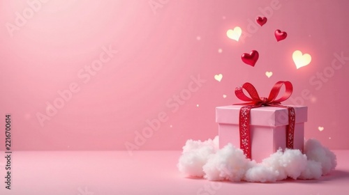 Pink Gift Box on a Cloud with Floating Hearts, a Romantic Valentine's Day Scene