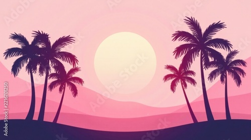 Serene Sunset Landscape Featuring Silhouettes of Palm Trees on Gently Rolling Hills