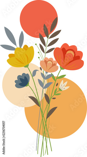 Bouquet of colorful flowers with abstract circular shapes on a white background