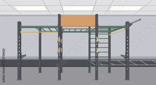 modern gym multi functional workout power rack rig with monkey bars, pull up bars, functional exercise training, bodybuilding,