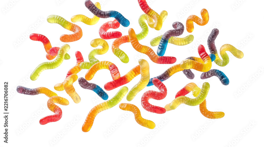 Fototapeta premium Falling gummy worms isolated on PNG transparent background