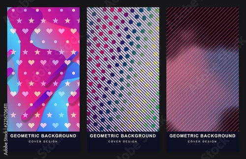 Set of 3 decorative laser cut panels, screen and partition templates: rows of hearts, stars and dots and flowing lines over fluid shapes, reaction diffusion and fluted glass in pink, black and blue