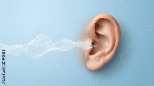 Human ear receiving sound waves symbolizing hearing listening auditory perception and audio signal processing with digital wave visualization
