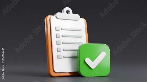 3D checklist icon with a green checkmark symbol representing completion task management and successful task execution on a dark gray background.