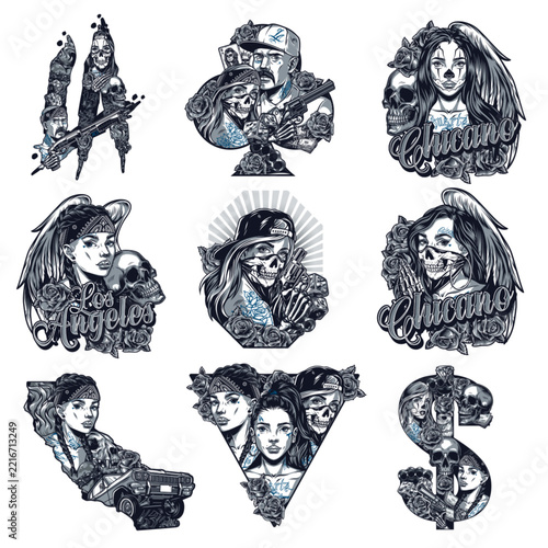 Hand-drawn ink illustrations of stylized skulls