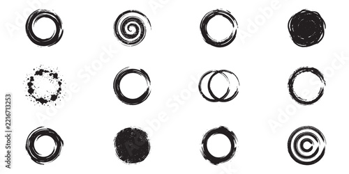 Grunge round brush stroke frames icon set. Circle borders, spiral, ink splash, grunge textures and painted rings. Vector illustration.