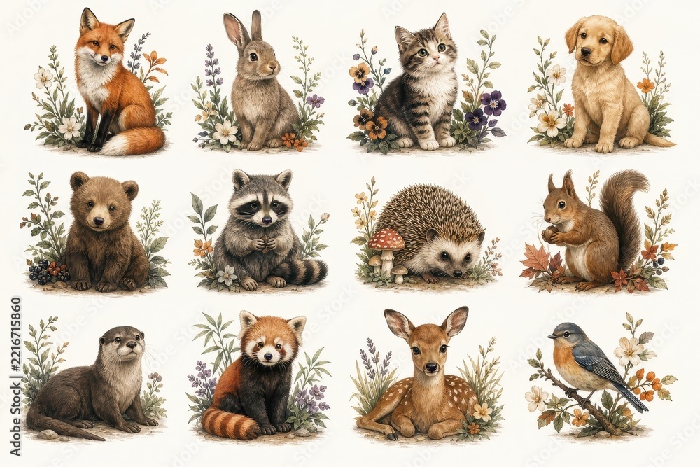 Fototapeta premium Cute woodland animals watercolor illustration set